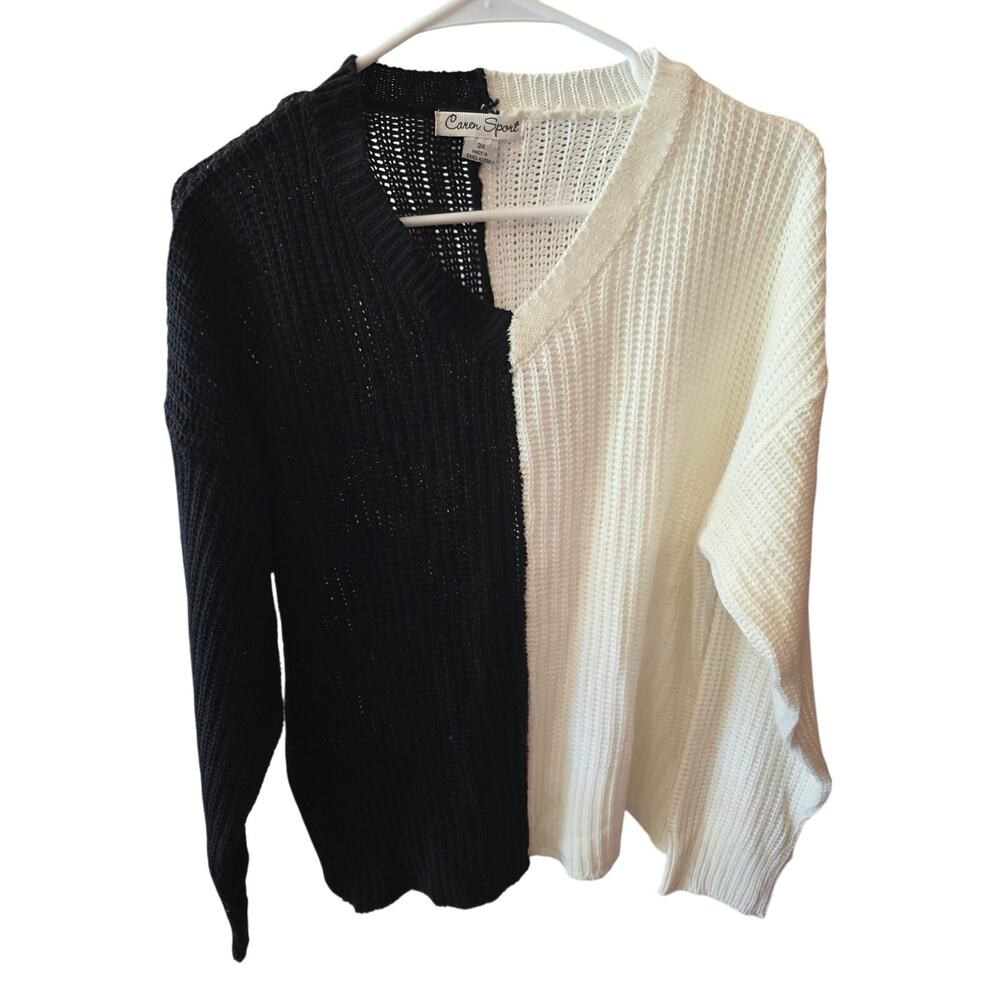 Caren Sport Color Block Sweater 3x Womens Plus Size Black White Knit V‎ Neck
